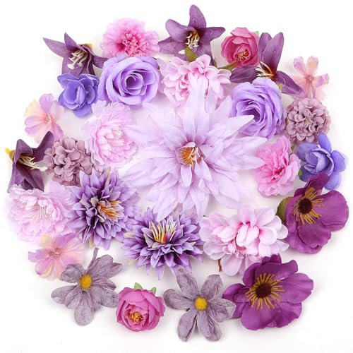 YSWOVUO 29 Stück Kunstblumen zum Basteln, 13 Arten 4~13cm Künstliche Blumen, Mix Seidenblumen Köpfe Klein, Kunstblumen Deko für Hochzeit Party Home Handwerk DIY Basteln Scrapbooking, Lila