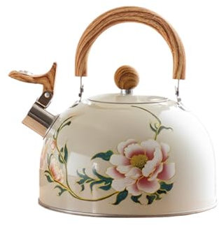 Bollitore fischiante, 3L bollitore a induzione in acciaio inox con manico in grano di legno, teiera vintage per fornelli a induzione e a gas