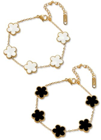 TenaLucy 2 Pièces Bracelet Trèfle À Cinq Feuilles,Ensemble de Bijoux Trèfle À Quatre Feuilles bracelet trefle 4 feuille Femme Bracelet Personnalisé Femme Apporte Plus de Chance (Blanc + Noir)