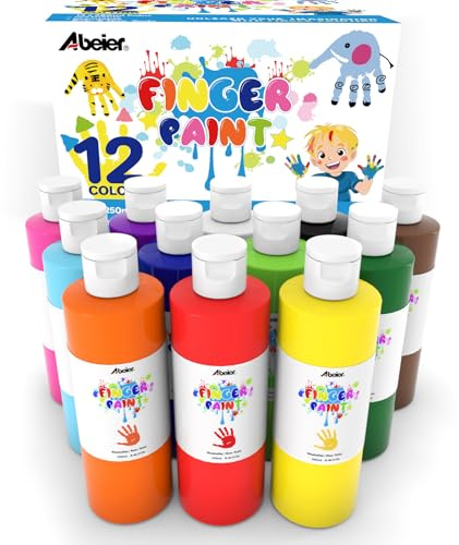 Abeier Large Washable Finger Paint Set for Kids, 12 x 250ml Vibrant Colours, Safe Non-toxic Baby Painting for Hand and Feet, ideal for Craft DIY ＆ Art creation at School，Classroom, Home, Ages 3 4 5 6+