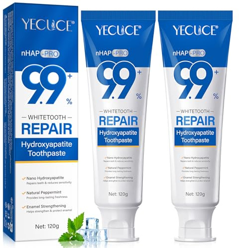 Hydroxyapatite Toothpaste for Enamel Protection 2PC, Contains 9.9% Nano-Hydroxyapatite, Restores Enamel, Reduces Sensitivity, Whitens & Brightens Teeth, Fresh Mint Flavor, Long-Lasting Freshness