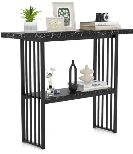 COSTWAY 2 nivåer konsolbord smalt sidobord marmorutseende, hallbord med metallram, 120 x 29,5 x 92,5 cm, perfekt för hall och vardagsrum, modernt (svart)
