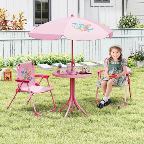 RELAX4LIFE Set Tavolo Sedie Ombrellone da Giardino per Bambini, Set Mobili con Tavolino, 2 Sedie Pieghevoli e Ombrellone per Bimbi, Tavolo da Picnic per Giardino Asilo Parco Giochi (Sirena)