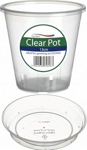 Home Fittings® Clear Orchid Pot 13cm with Saucer Plastic Flower Plant For Optimal Growth See Through Tub