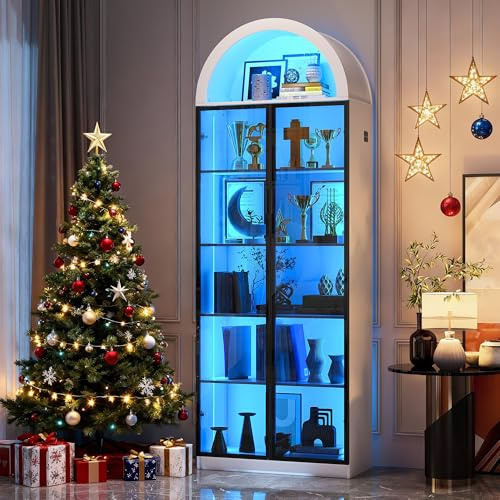 FREDEES Vitrine mit Türen und verstellbaren Einlegeböden, 195CM hohe Vitrine mit LED-Beleuchtung/gewölbtem Stauraum, 6-stöckiges Bücherregal für Sammlerstücke, Schlafzimmer, Wohnzimmer, Büro, weiß