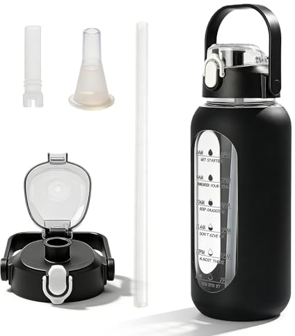 Glass Water Bottle, 1800 ml, Glass Water Bottle, Water Bottle with Handle, Time Markings & Straw, Drinking Bottle with Protective Silicone Case for Sports Daily Use, Black