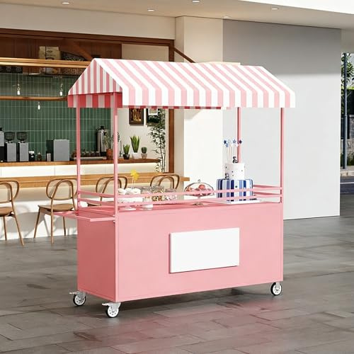 HARELA Carrito de Comida Callejero Carro de Venta Ambulante con toldo, Puestos ambulantes portátiles para Perritos Calientes/Salchichas/Pan, para ferias y promociones corporativas(Pink,140cm/55.1in)