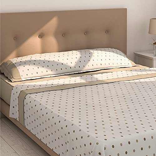 Don Descanso – Juego de Sábanas 3 Piezas Cama 105cm. Set de sábanas (Bajera, Encimera y Funda de Almohada) Tejido Polycotton Suave y Transpirable. Lavable 30º y Fácil Planchado (Lunares Beig)