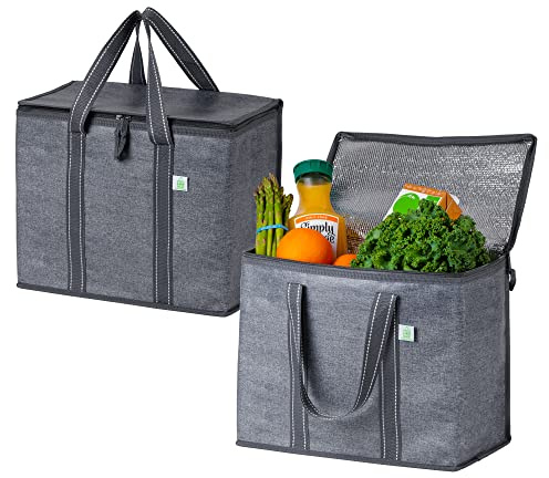 VENO 2 Pack Cooler Bag and Insulated Grocery Bags for Food Delivery, Collapsible Cooler. Reusable Shopping Bags for Groceries with Hard Bottom, Zippered Top, Foldable, Heavy-Duty (Gray, 2 Pack)