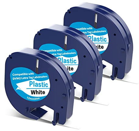 3 x Etiketten kompatibel mit Dymo Etikettenband Letratag 12mm x 4m Bänder Ersatz für Dymo Letratag Etikettiermaschine XR LT-100H LT-100T, Schwarz auf Weiß