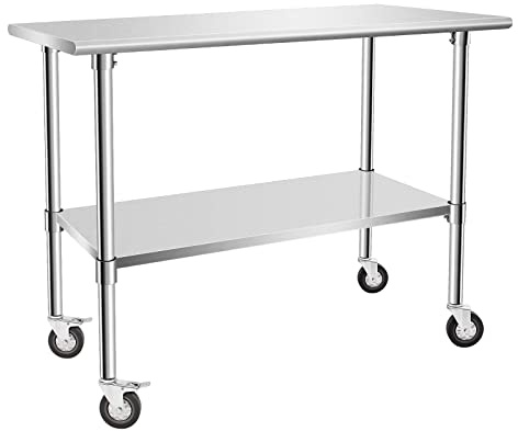 Food Prep Stainless Steel Table 36'' x 18'', Heavy Duty Workbench with Adjustable Under Shelf, Commercial Worktable with 4 Casters for Commerical Kitchen, Restaurant, Home and Hotel Silver