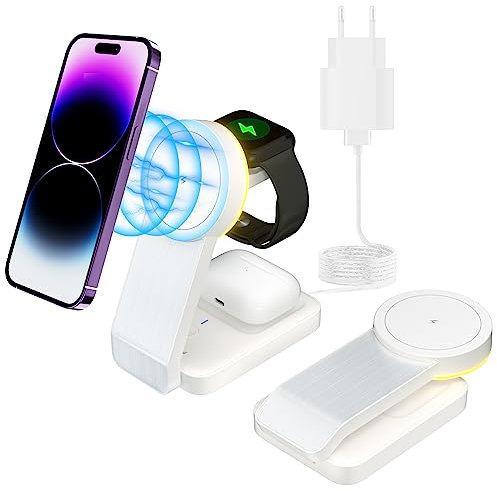 Tigratigro Caricatore Wireless per iPhone con Mag-Safe, 3 in 1 Ricarica Rapida Stazione Magnetica Pieghevole portatile Charger per iPhone 12/13/14/15/16, AirPods 2/3/4/Pro, Apple Watch-Bianco