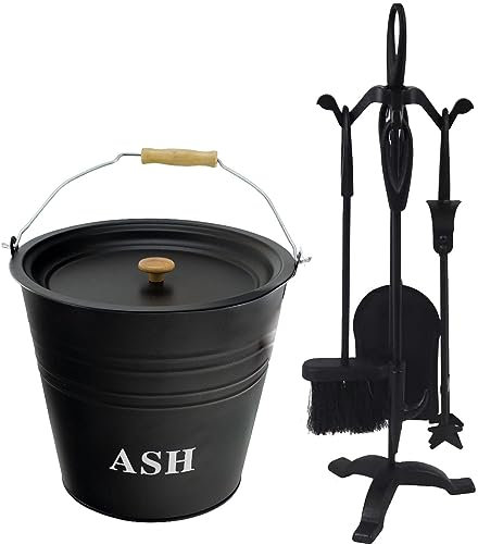 Almineez Companion Set 5 Piece Fireside Companion Tool Set Cast Iron Fireplace Wood Burner Coal Stove Accessories Set with 12L Ash Bucket, Lid, Broom, Shovel, Tong & Poker with Stand