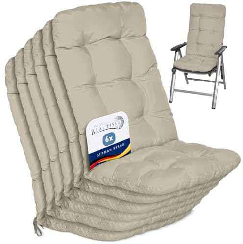 Beautissu Set de 6 Cojines sillas Jardin Flair HL - Cojín para sillas de terraza o Cojines Exterior con Respaldo Alto - 120x50x8 cm - Relleno de Copos de gomaespuma - Natural