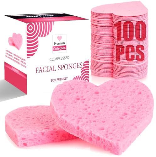 miaform 100-Count Compressed Facial Sponges, 100% Natural Cosmetic Spa Sponges for Facial Cleansing, Exfoliating Mask (Pink Heart)
