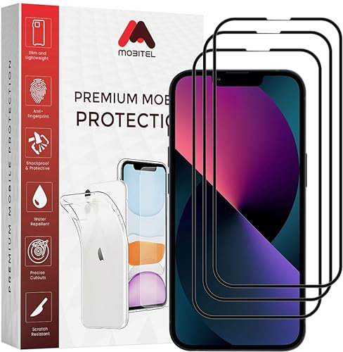 Mobitel 3-Pack Tempered Full Coverage Glass Screen Protector 9H Hardness Anti-Bubble Anti-Scratch Case Friendly Easy Installation HD Clear (iPhone 13 / iPhone 13 Pro/iPhone 14)