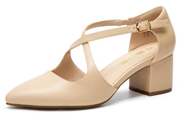 DREAM PAIRS Comode Scarpe con Tacco Largo e Cinturino Incrociato da Donna per Lavoro Feste e Sposa,Size 37,Nude-Pu,SDPU2409W