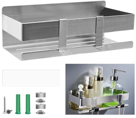 TETEWEVER 1 Stück Duschablage Ohne Bohren Edelstahl Duschregal mit 2 Haken Duschkorb zum Kleben 23cm Regal Dusche Ablage Shampoohalter Dusche