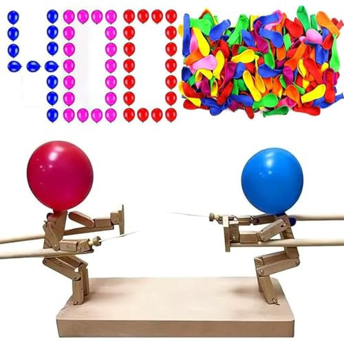 Ayolofei Balloon Bamboo Man Battle, Handgefertigte Hölzerne Fechtpuppen Spielset mit 400 Ballons für 2 Spieler Lustige Spannende Ballonschlachten, Rasantes Partyspiel für Erwachsene