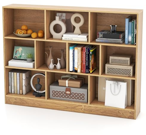 GYMAX Libreria a 10 Cubi Aperti, Scaffale Autoportante da Pavimento, Kit Anti-Ribaltamento, Organizzatore di Archiviazione 3 Livelli per Soggiorno Camera da Letto Ufficio (Naturale, 140 x 24 x 104 cm)