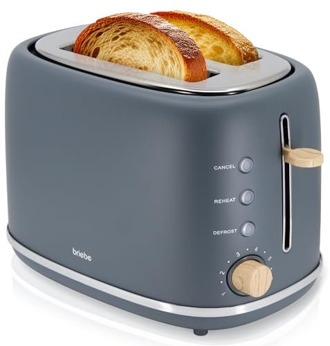 briebe Nordic Tostadora Pan Ranura Ancha, Tostador 2 Rebanadas, 6 Niveles Tostado, Calientapanecillos, Función Cancelar, Recalentar y Descongelar, Bandeja Recogemigas, Diseño Nórdico, 870W, Gris