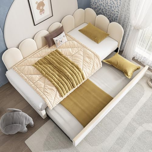Zepneiy Letto 90 x 200 cm con letto estraibile da 90 x 190 cm, divano letto con lati intercambiabili, letto imbottito con doghe, culla da 90 x 200 cm, in velluto beige (senza materasso)