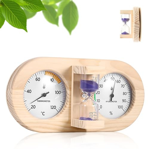 Viitech Termómetro higrómetro para sauna con reloj de arena para 15 minutos, 3 en 1, termómetro de sauna montado en la pared, higrómetro de madera, medición precisa de la temperatura, humedad, sauna
