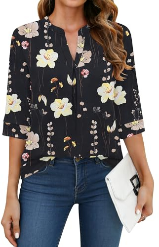 WNEEDU Chemise Femme à Manche 3/4 Col V Tee Shirt Long Chemisier et Blouses | Fine Haut,Décontracté Tunique,Blouse Chic et Élégant,Chemise Long,Base Chemisier,Three-quarter Sleeve