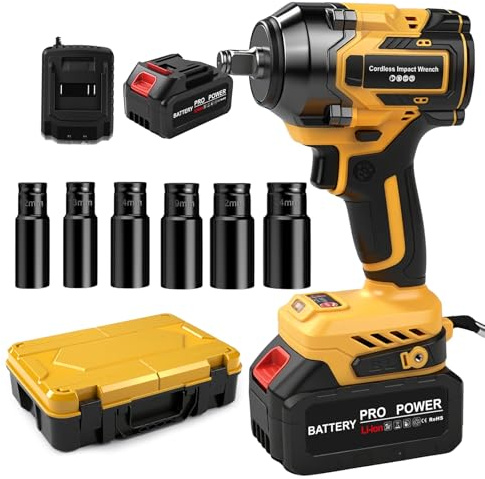 mindmed Destornillador de impacto profesional de 650 N.m, sin escobillas, 1/2 pulgadas, con 2 baterías, juego de accesorios para neumáticos de coche y proyectos pesados de bricolaje