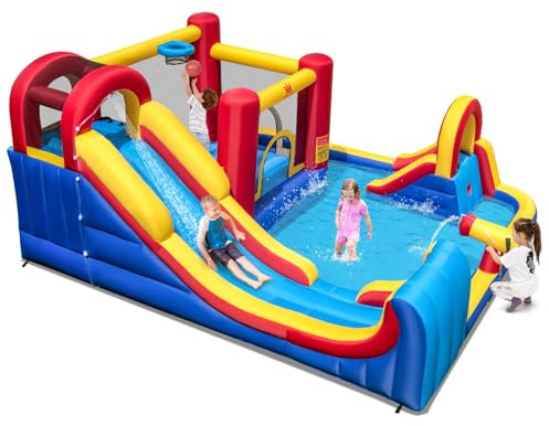 COSTWAY Castillo Hinchable Grande, Parque Acuático Infantil con Doble Tobogán, 2 Piscinas, Área de Salto y Aro de Baloncesto, 450 x 392 x 216 cm, para Jardín Patio, Multicolor (sin Soplador)