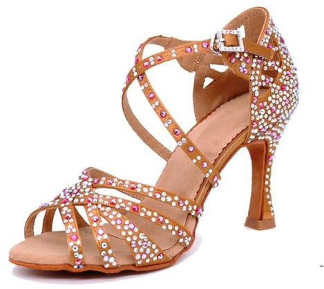 MGM-Joymod Sandali da Ballo da Donna Aperti in Punta con Cinturini Incrociati e Strass Ideali per Feste Matrimoni Balli Latini Moderni e Tango, Marrone Tacco da 9cm, 38 EU