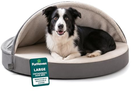 FurHaven Round Orthopedic Dog Bed for Large Dogs, Egg Crate with a Solid Orthopedic Foam Base with Attached Blanket Hood and Removable Washable Cover, Large, Sherpa & Suede Snuggery, Gray
