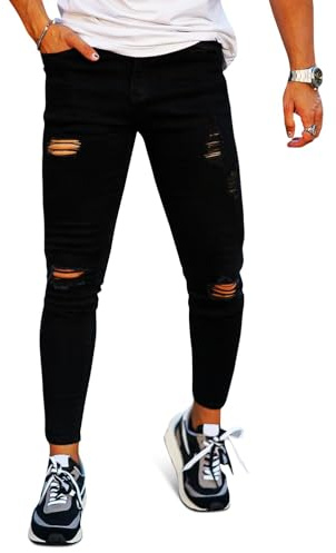 GINGTTO Pantaloni Uomo Jeans Skinny Slim Fit Stretch Design Denim Dritti Strappati Nero 28W/30L