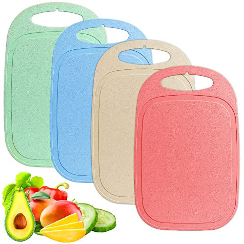 Chopping Board Set 4 PCS Plastic Chopping Boards 3MM Thick Coloured Kitchen Cutting Boards with Handle BPA-Free Non Slip 33.5×21.5cm