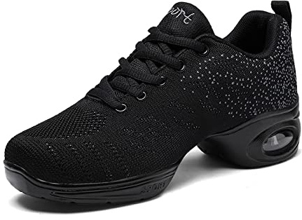 Chaussures de Jazz Femme Semelles Divisées Baskets de Danse Fille Respirant Maille Léger Dance Sneakers Running Shoes Noir1 40