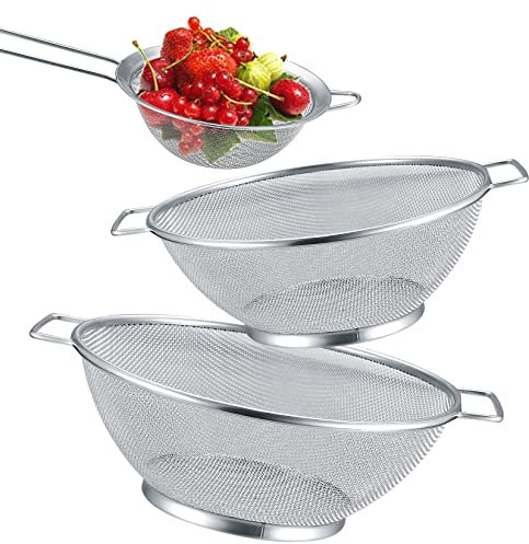 3 Stk Küchensieb Edelstahl, Siebe Ø 24.5 cm & Ø 21.5 cm, feinmaschiger Seiher mit 2 Griffen, zum Ablaufenr Spülen Nudelgemüse Obst Nudel, mit 1 x Edelstahlsieb mit langem Griff
