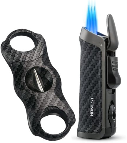 HONEST Triple Jet Torch Lighter Built-in Punch Visible Gas Window Refillable Gas Adjustable Flame Intensity Pocket Lighter Gift for Men (Sold without Gas) (Black Lighter and V cutter)