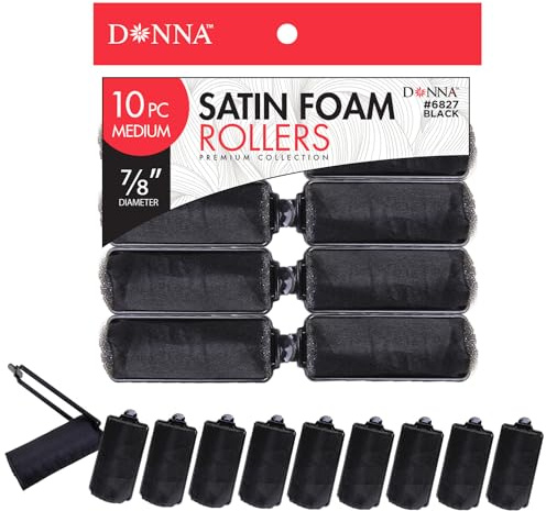 DONNA Silky Sastin Foam Roller 7/8(D) MEDIUM 10PCS Hair Curlers with Clips for Heatless Hairdressing and Styling - BLACK
