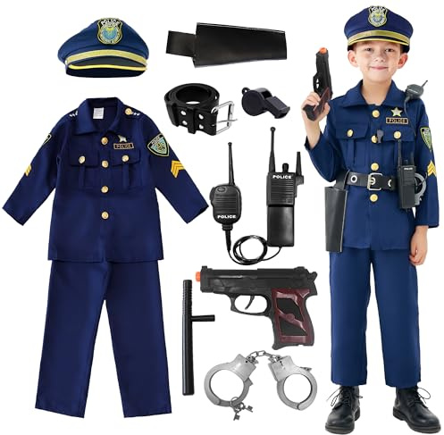 Udekit Disfraz de Policía de Lujo con Esposas, Walkie-talkie, Funda de Pistola, Silbato, Porra y Otros Accesorios de Juguete para Disfraces de Cosplay para la Edad de 4 a 6