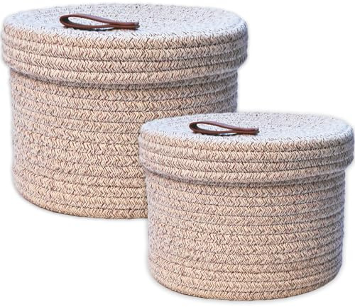 Yearonan Cestino Portaoggetti Cestino Portaoggetti da 2 Pezzi Con Coperchio in Corda di Cotone Giocattoli Lavabili Intrecciati Manico Per Etichette in Pelle （Marrone 28.5X15.5 cm/23.5X11.5 cm）