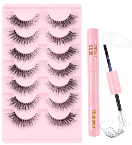 Poiuyoiu Kit de Cils Moelleux à Bande Transparente Avec Faux Cils Colle et Dissolvant Cils Vaporeux œil de Chat 7 Paires de Faux Cils Aspect Naturel Extensions de Cils en Bande 3D Réutilisables