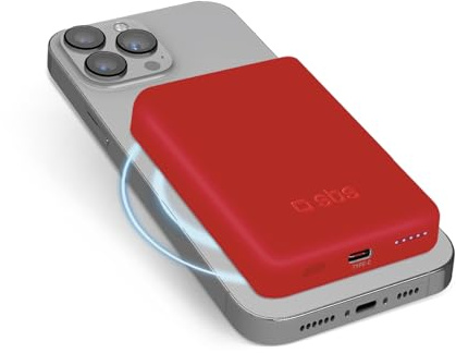 SBS Powerbank Akku-Pack 5000 mAh, kompatibel mit MagSafe, kabelloses Laden, USB-C-Anschluss, Status-LED, universell für iPhone, Samsung, Xiaomi, Oppo, rot