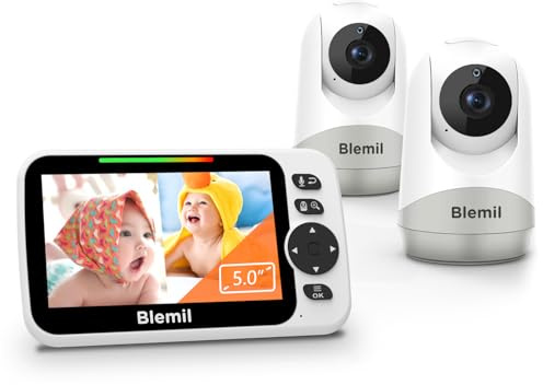 Blemil Upgrade Baby Monitor with 30-Hour Battery, 5 Large Split-Screen Video Baby Monitor with 2 Cameras and Audio, Remote Pan/Tilt/Zoom, Two-Way Talk, Room Temperature, Auto Night Vision