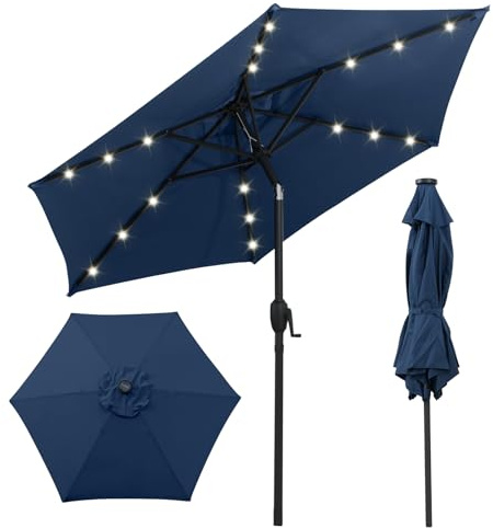 COSTWAY 2.3M/2.7M Lighted Garden Parasol, Outdoor Heavy Duty Umbrella with Tilt, 18 LED Lights, Crank Handle and Vented Canopy, Outdoor Sun-protective Canopy Market Table Umbrella (2.3M, Navy)