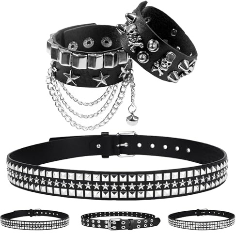 AUNGCSHE Cintura Borchie Punk, Punk Rock Cintura Donna per Donne Uomini, 110 CM e 120 CM, per Jeans, Pantaloni, Rockwear Gotico, Accessori Punk (Stella a scacchi + Bracciale, 110)