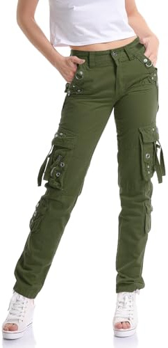 Tianerhay Pantalon cargo tactique pour femme, style militaire, décontracté, multi-poches, vêtements de travail en plein air, Vert kaki, 46