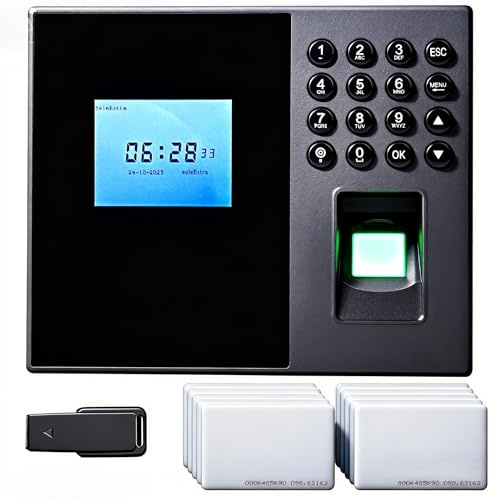 Mokhike Control Horario Empleados, Reloj de Fichar con 10pcs RFID y Pin, Huella Dactilar, Maquina Asistencia Empleados de Fichaje Biométrica, Sistema en Español Sin Cuotas Mensuales (con 8G U-Disk)