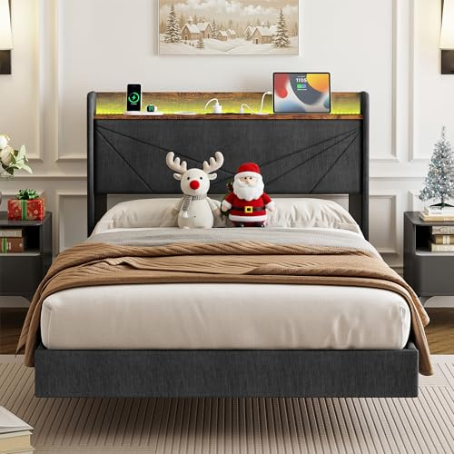 IRONCK Letto Imbottito Singolo 120x200, Letto Sospeso con Illuminazione LED, con Testiera e Rete a Doghe(2 Prese AC, USB e USB-C), con Contenitore, Senza Materasso, in Lino, Grigio