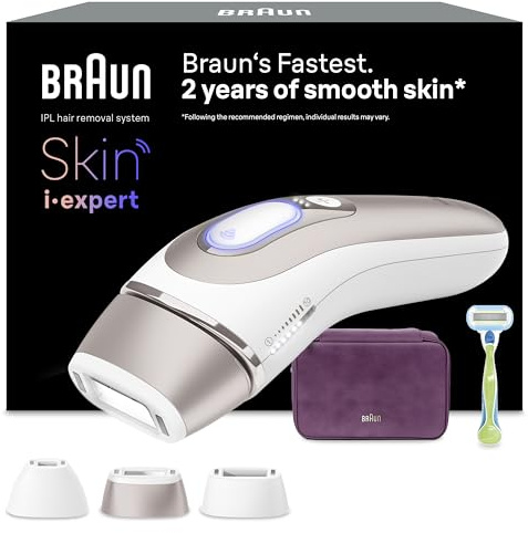 Braun Epilateur Lumiere Pulsee Intelligent Skin i·expert PL7263, Blanc et Bronze – Alternative au Laser à Domicile, Filaire, avec Pochette, Rasoir Gillette Venus, 3 Têtes, Connecté à L’Application