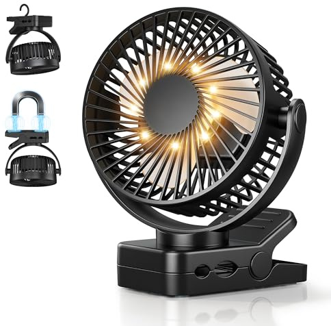 Ventilatore da Tavolo 4 in 1 USB Ventilatore Portatile 12000mAh e Telecomando Ricaricabile Luce LED 3 Velocità Timer Rotazione 360°, Ventilatore Pinza per Esterno Auto Passeggino Campeggio, Nero